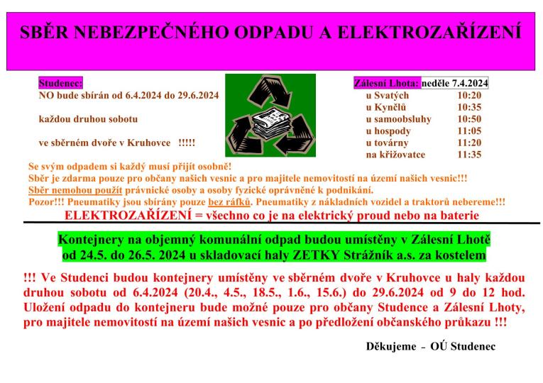 Sběr nebezpečného odpadu a&nbsp;elektrozařízení od&nbsp;1.4.2024 do&nbsp;30.6.2024