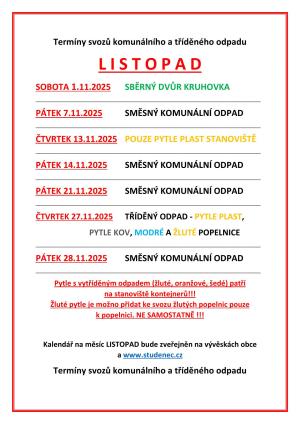 Svozy odpadů Listopad 2025